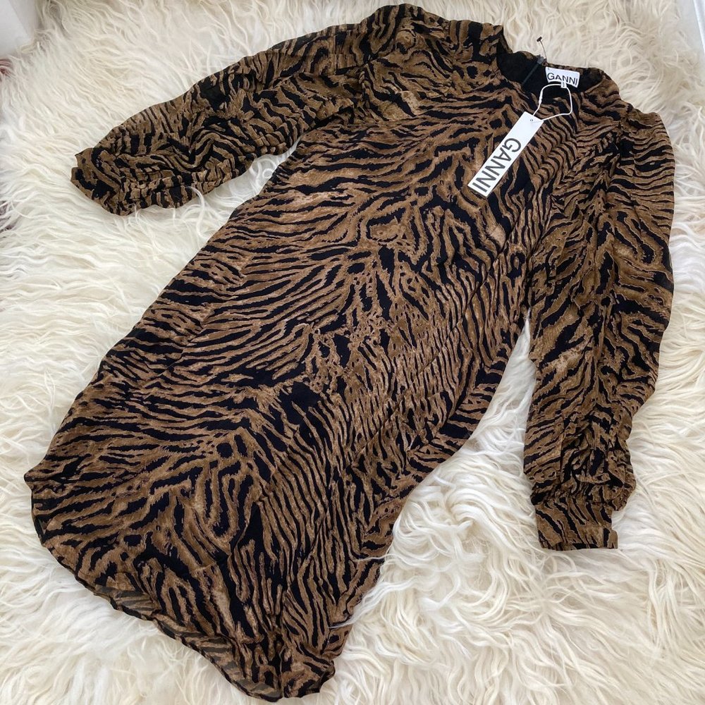GANNI Animal Print Mini Georgette Dress - Picture 3 of 15